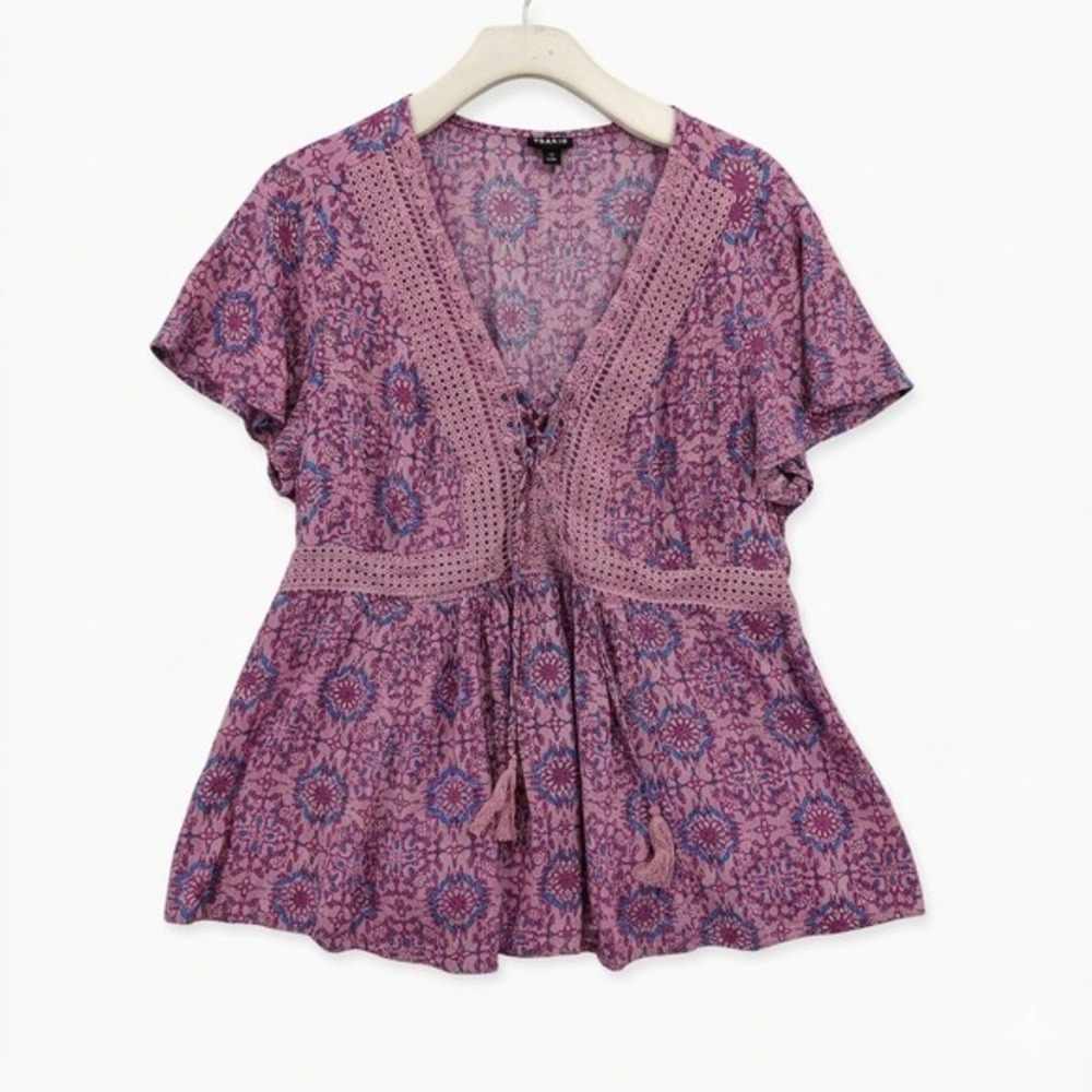 Torrid Womens Cottagecore Romantic Lace Up Peplum Blouse 1X Purple Floral Tassel